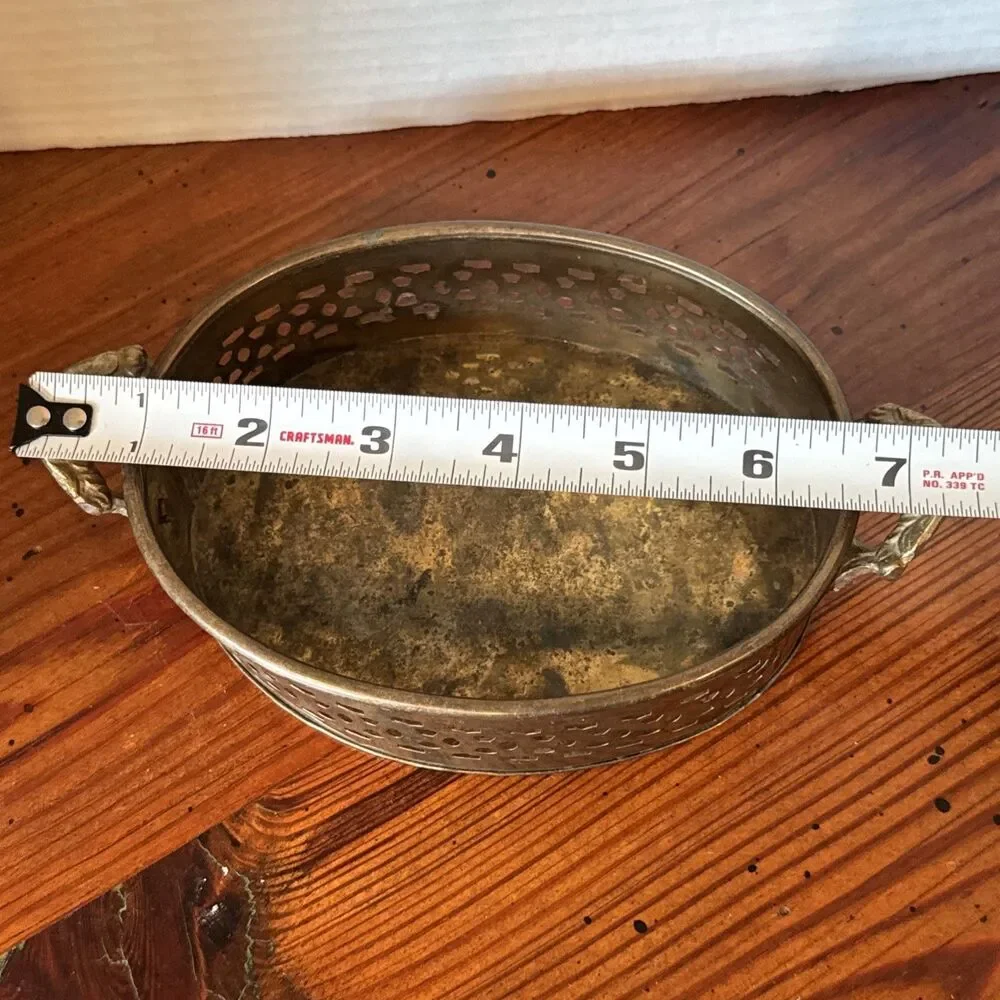 Vintage Brass Oval  Tray/Basket With Handles 7.5” x 4.5” x 1.75”